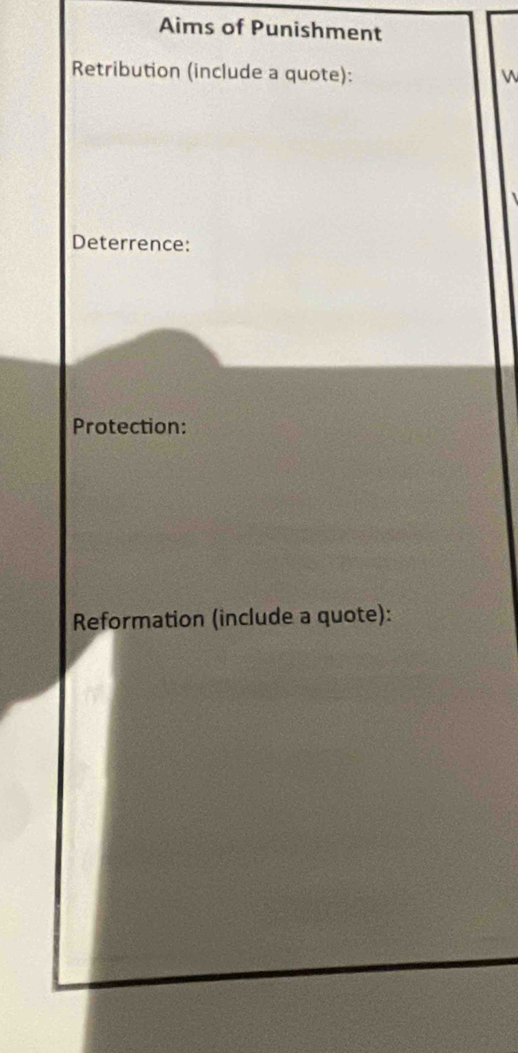 Aims of Punishment 
Retribution (include a quote): W 
Deterrence: 
Protection: 
Reformation (include a quote):