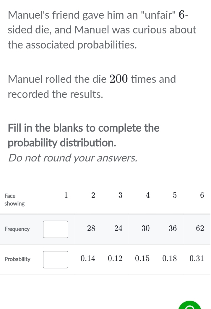 Manuel's friend gave him an "unfair" 6 - 
sided die, and Manuel was curious about 
the associated probabilities. 
Manuel rolled the die 200 times and 
recorded the results. 
Fill in the blanks to complete the 
probability distribution. 
Do not round your answers. 
F 
s 
F
P