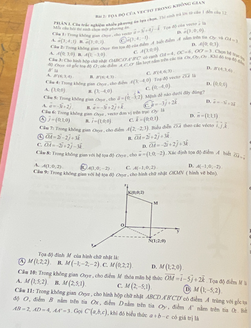 tọa độ của veCtơ trong KhÔng gian
PHÁN L Câu trấc nghiệm nhiều phương án lựa chọn. Thí sinh trà lời tử cầu 1 đến câu 12
Mỗi cầu hồi thí sinh chọn một phương án.
Cầu 1: Trong không gian Ozyz , cho vecto vector a=3vector i+4vector j-vector k Tọa độ của vecto 2 là
D. overline a(3;0;0)
A. overline a(3;4;1) B. overline a(3;0;1) C overline a(3;4;-1)
Cầâu 2: Trong không gian Oxy= * tìm tọa độ của điểm Á biết điểm A nằm trên tia Oy và OA=3
D. A(0;0;3).
A. A(0;3;0) B. A(1;-3;0). C. A(3,0,0)
Cầu 3: Cho hình hộp chữ nhật O ABC a A'B'C' có canh OA=4,OC=6,OO'=3 Chọn hệ trục t
độ Oxyz có gốc toạ độ O ; các đi Cơ lần lượt nằm trên các tia Ox,Oy, Oz  Khí đó toạ độ điển
B' là
C. B'(4,6,3)
D. B'(4,3,6).
A. B'(6,3,4). B. B'(6,4,3) overline OA là
. Toạ độ vectơ
Câu 4: Trong không gian Ox_0= , cho điểm A(3;-4;0) (0;-4;0). (0,0,0)
D.
A. (3,0,0) B. (3;-4;0)
C.
Câu 5: Trong không gian Oxyz , cho vector a=(0,-3;2) Mệnh đề nào dưới đây đúng?
A. vector a=-3vector i+2vector j B. vector a=-3vector i+2vector j+vector k. C. vector a=-3vector j+2vector k. D. widehat a=-3vector i+2vector k
Cầu 6: Trong không gian Oxyz , vectơ đơn vị trên trục Oy là
a vector j=(0,1,0) B. vector i=(1,0,0). C. vector k=(0;0;1)
D. overline n=(1-1;1).
Cầu 7: Trong không gian Oxyz , cho điểm A(2;-2;3) Biểu diễn overline OA theo các vécto vector i,vector j,vector k.
a vector OA=2vector i-2vector j+3vector k
B. vector OA=2vector i+2vector j+3vector k
C. vector OA=-2vector i+2vector j-3vector k vector OA=-2vector i+2vector j+3vector k.
D.
Câu 8: Trong không gian với hệ tọa độ Oxyz , cho vector u=(1;0;-2) Xác định tọa độ điểm Á biết overline OA=overline u
D.
A. A(1;0;2). B. A(1;0;-2). C. A(-1;0;2). A(-1;0;-2).
Câu 9: Trong không gian với hệ tọa độ Oxyz , cho hình chữ nhật OKMN ( hình vẽ bên).
Tọa độ đinh Mô của hình chữ nhật là:
A M(1;2;2) B. M(-1;-2;-2) C. M(0;2;2). D. M(1;2;0).
Câu 10: Trong không gian é Oxyz , cho điểm M thỏa mãn hệ thức vector OM=vector i-5vector j+2vector k Tọa độ điểm M à
A. M(1;5;2) B. M(2;5;1). C. M(2;-5;1). D M(1;-5;2).
Câu 11: Trong không gian Oxyz , cho hình hộp chữ nhật ABCD.A'B'C'D' có điểm A trùng với gốc tọa
độ O, điểm B nằm trên tia Ox, điểm Dnằm trên tia Oy, điểm A' nằm trên tia Oz Biết
AB=2,AD=4,AA'=3 Gọi C'(a,b,c) , khi đó biều thức a+b-c có giá trị là