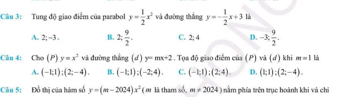 Tung độ giao điểm của parabol y= 1/2 x^2 và đường thắng y=- 1/2 x+3 là
A. 2; -3. B. 2;  9/2 . C. 2; 4 D. -3;  9/2 . 
Câu 4: Cho (P) y=x^2 và đường thẳng (d) y=mx+2. Tọa độ giao điểm của (P) vvector a(d) khi m=1 là
A. (-1;1);(2;-4). B. (-1;1);(-2;4). C. (-1;1);(2;4). D. (1;1);(2;-4). 
Câu 5: Đồ thị của hàm số y=(m-2024)x^2 ( m là tham số, m!= 2024) nằm phía trên trục hoành khi và chỉ