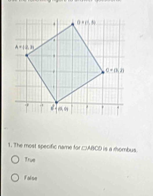 The most specific name for □ABCD is a rhombus.
True
False