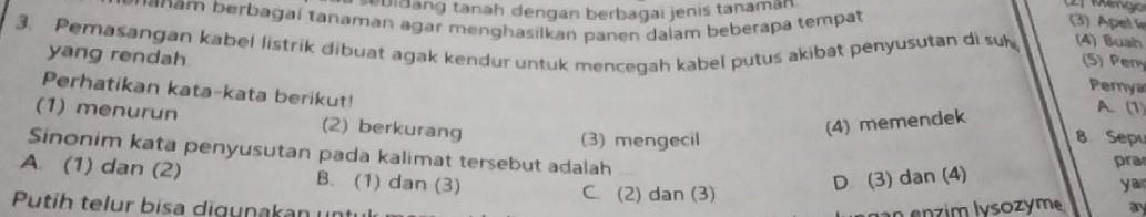 ebidang tanäh dengan berbagaï jenis tanamán

anam berbagaí tanaman agar menghasilkan panen dalam beberápa tempat (3) Apel l (5) Peny
3. Pemasangan kabel listrik dibuat agak kendur untuk mencegah kabel putus akibat penyusutan di su (4) Buah
yang rendah
Pernya
Perhatikan kata-kata berikut!
(1) menurun (2) berkurang 8. Sepu
(4) memendek
A. (1
(3) mengecil
Sinonim kata penyusutan pada kalimat tersebut adalah
pra
A. (1) dan (2) B. (1) dan (3)
C. (2) dan (3)
D (3) dan (4)
ya
Putih telur bisa digynakan u
n e n zim lvsozym ay