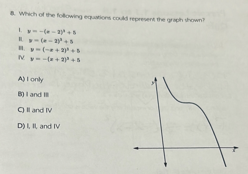 Which of the following equations could represent the graph shown?
1. y=-(x-2)^3+5
II. y=(x-2)^3+5
ⅢII. y=(-x+2)^3+5
I y=-(x+2)^3+5
A) I only
B) I and III
C) II and IV
D) I, II, and IV