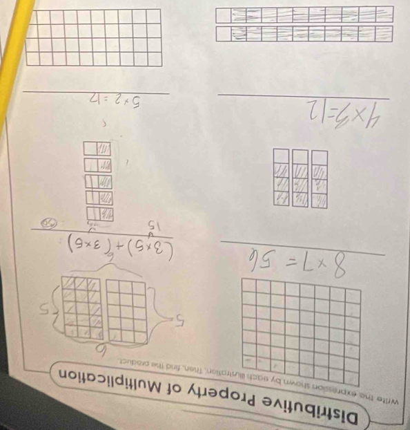 Distributive Property of Multiplication 
Write the expression shown by each illustration. Then, find the product 
_ 
_ 
_