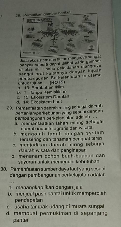 a 
Jasa ekosistem dani hutan
banyak seperti dapat dilihat pada gambar
di atas ini. Usaha pelestarian mangrove
sangat erat kaitannya dengan tujuan
pembangunan Berkelanjutan terutama
untuk tujuan .... (HOTS)
a. 13 : Perubahan Iklim
b. 1 : Tanpa Kemiskinan
c. 15 : Ekosistem Daratan
d. 14: Ekosistem Laut
29. Pemanfaatan daerah miring sebagai daerah
pertanian/perkebunan yang sesuai dengan
pembangunan berkelanjutan adalah ....
a. memanfaatkan lahan miring sebagai
daerah industri agraris dan wisata
b. mengolah tanah dengan system
terasering dan tanaman penguat teras
c. menjadikan daerah miring sebagia
daerah wisata dan penginapan
d. menanam pohon buah-buahan dan
sayuran untuk memenuhi kebutuhan
30. Pemanfaatan sumber daya laut yang sesuai
dengan pembangunan berkelajutan adalah
a. menangkap ikan dengan jala
b. menjual pasir pantai untuk memperoleh
pendapatan
c. usaha tambak udang di muara sungai
d. membuat permukiman di sepanjang
pantai