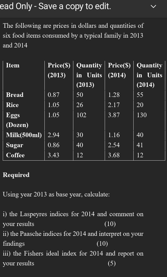 ead Only - Save a copy to edit. 
The following are prices in dollars and quantities of 
six food items consumed by a typical family in 2013
and 2014
Item Price($) Quantity Price($) Quantity 
(2013) in Units (2014) in Units 
(2013) (2014) 
Bread 0.87 50 1.28 55
Rice 1.05 26 2.17 20
Eggs 1.05 102 3.87 130
(Dozen) 
Milk(500ml) 2.94 30 1.16 40
Sugar 0.86 40 2.54 41
Coffee 3.43 12 3.68 12
Required 
Using year 2013 as base year, calculate: 
i) the Laspeyres indices for 2014 and comment on 
your results (10) 
ii) the Paasche indices for 2014 and interpret on your 
findings (10) 
iii) the Fishers ideal index for 2014 and report on 
your results (5)