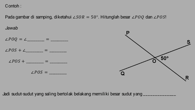 Contoh :
Pada gambar di samping, diketahui ∠ SOR=50°. Hitunglah besar ∠ POQ dan ∠ POS
Jawab
∠ POQ=∠ _ =_
∠ POS+∠ _ =_
∠ POS+ _=_
∠ POS= _
Jadi sudut-sudut yang saling bertolak belakang memiliki besar sudut yang_