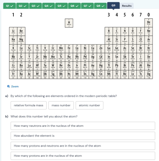 Results
1 2 3 4 5 6 7 0
 H/1 
 He/z 
overline 3
# overline IJ overleftrightarrow h overline 20
 li/1   Be/4 
frac 30
overline JJ 24
 Na/11   Mg/v 
beginarrayr  8/5  frac AA_  2/3  frac 11  c/2  frac beginarrayr 14 _ N 7endarray  0/3  frac  15/F 1 Ne
π overline IV 35.5 30
 Si/u  _  p/15   5/11   a/v  frac Aru^(- overline 9) 76° overline 56 18 overline ESS 60° y_3 overline P 25 7a overline 81 4=
frac overline frac K1313 40  sc/n  _  Ti/22  _ frac 1121 _  Cr/2   Mn/25   Fe/15   cos /27  frac overline beginarrayr 50 8encloselongdiv 3_ _ 28 frac 11  10/30   Ga/π   _ frac Ge  As/13   5e/14   Br/s   Kr/36 
 (a/n 
C_0 Cu Zn
overline 85 overline BS 91 91 98 overline LW overline I01 overline MI 160 overline XW overline 112 overline 115 overline IIB overline 122 overline Li 127 13'
frac  Rb/17  11/11   5r/11  frac overline Yoverline 30  2r/4   Nb/b c  Mo/0 4 _ Tc  Ru/u   Rh/5  _  Pd/45  Ag _  cd/8   ln /e  beginarrayr Sn 50 hline endarray frac overline Sb11  Te/12   1/51  _ Xe
_ 45 _ e
H
overline beginvmatrix 3endvmatrix  overline IJI 151 184 186 overline BS overline HI 1:15 79° overline AI 11? |306| (20^ 122°
 (5/15  _ frac overline Bs frac beginarrayr 10 Laendarray frac um overline  _ frac Hf _  Ta/n  frac overline Woverline D  Re/25   0s/n   Ir/n  _  Pt/P  Au Hg beginarrayr 34981 Pb frac overline beginarrayr 38 _ 81endarray  _  Po/M   At/5  Rn
_ overline 3 _ overline 10 frac 1-120_ 12 _ overline overline B
1:7 2x 2xd |lambda m| 734 120^ |288| 1:2:| (2/2) overline |as| overline (x) overline LM 2x+1 |29| overline QR4 1:34
 Fr/s  _ frac Ra _ frac Ac Rf Db  5g/m   8h/w   Hs/m  _ frac Mt 111  Rq/111  frac overline Cn112  Nh/111   FI/114   Mc/m   Lv/116   Ts/10   0g/11 
Ds
104° overline 185
Q Zoom
a) By which of the following are elements ordered in the modern periodic table?
relative formula mass mäss number atomic number
b) What does this number tell you about the atom?
How many neutrons are in the nucleus of the atom
How abundant the element is
How many protons and neutrons are in the nucleus of the atom
How many protons are in the nucleus of the atom