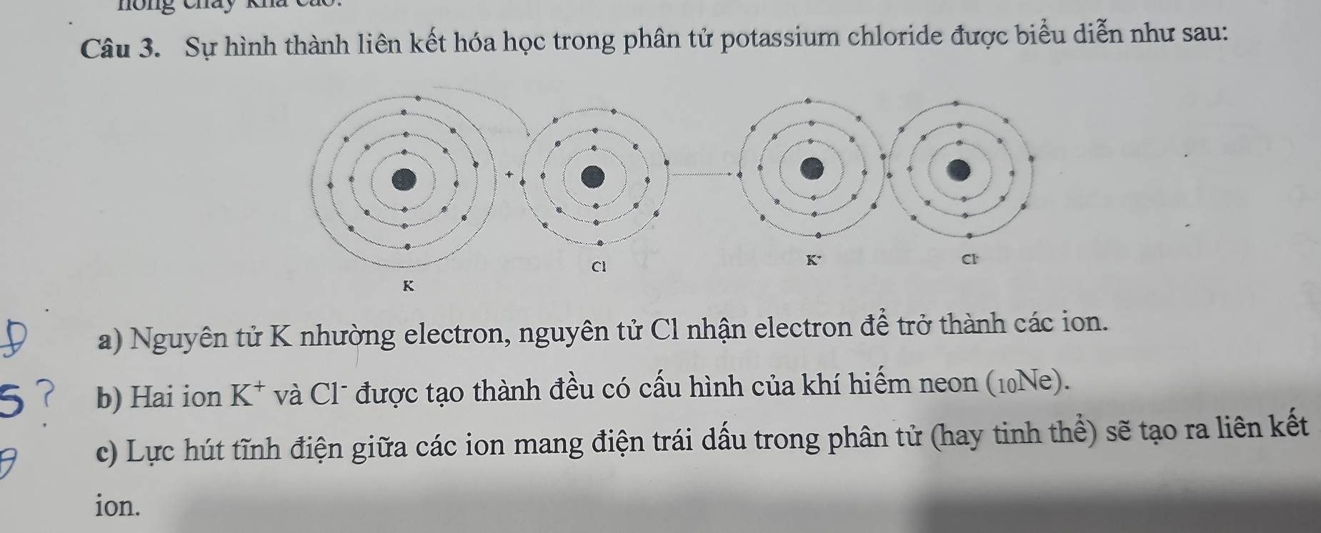 nong cháy 
Câu 3. Sự hình thành liên kết hóa học trong phân tử potassium chloride được biểu diễn như sau:
Cl
K
Cl
K
a) Nguyên tử K nhường electron, nguyên tử Cl nhận electron để trở thành các ion. 
b) Hai ion K^+ và Cl* được tạo thành đều có cấu hình của khí hiếm neon (10Ne). 
c) Lực hút tĩnh điện giữa các ion mang điện trái dấu trong phân tử (hay tinh thể) sẽ tạo ra liên kết 
ion.