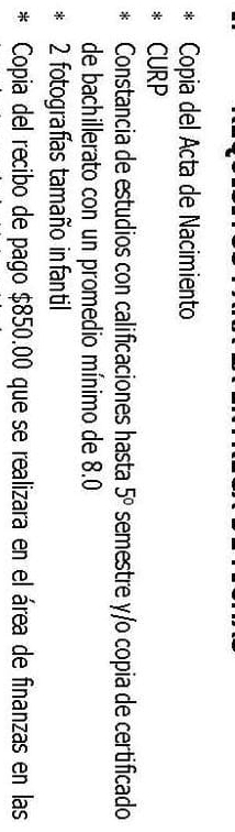 Copia del Acta de Nacimiento 
CURP 
Constancia de estudios con calificaciones hasta 5° semestre γ/o copia de certificado 
de bachillerato con un promedio mínimo de 8.0
2 fotografías tamaño infantil 
Copia del recibo de pago $850.00 que se realizara en el área de finanzas en las