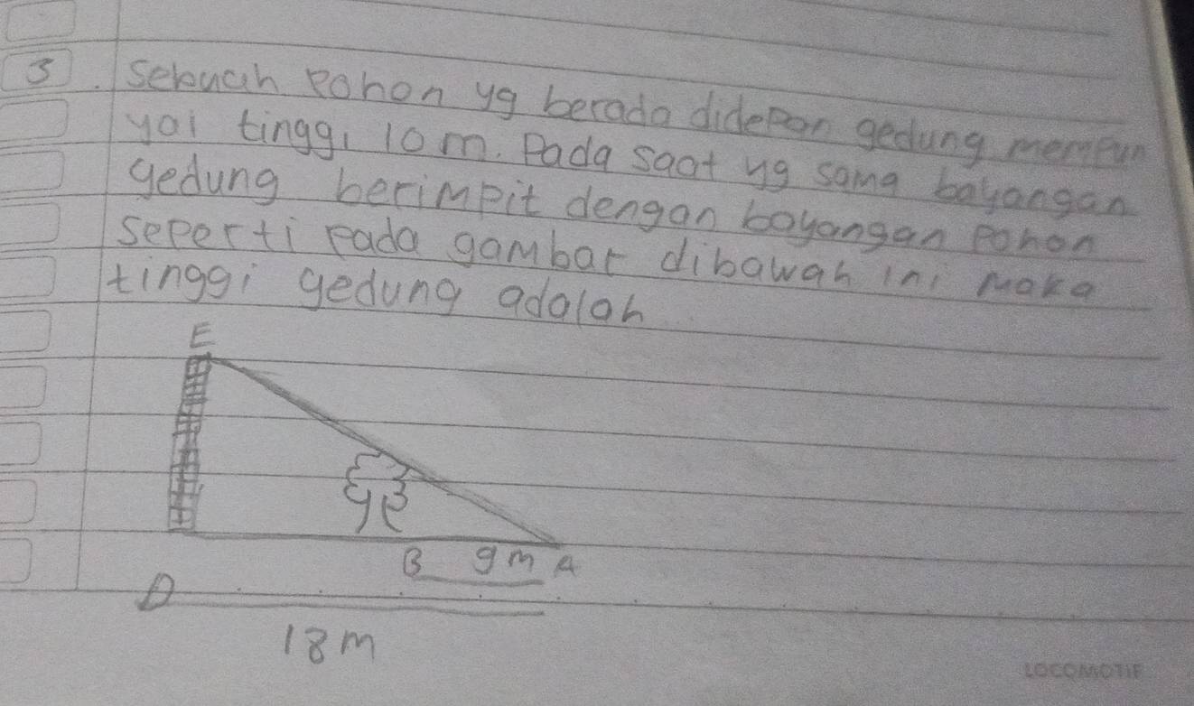 seluch Rohon yg berada didepan gedung memeun 
yoi tingg, 10m. Pada saat yg sama bayangan 
gedung berimpit dengan boyangan pohon 
seperti rada gambar dibawah ini make 
tinggi gedung adaloh