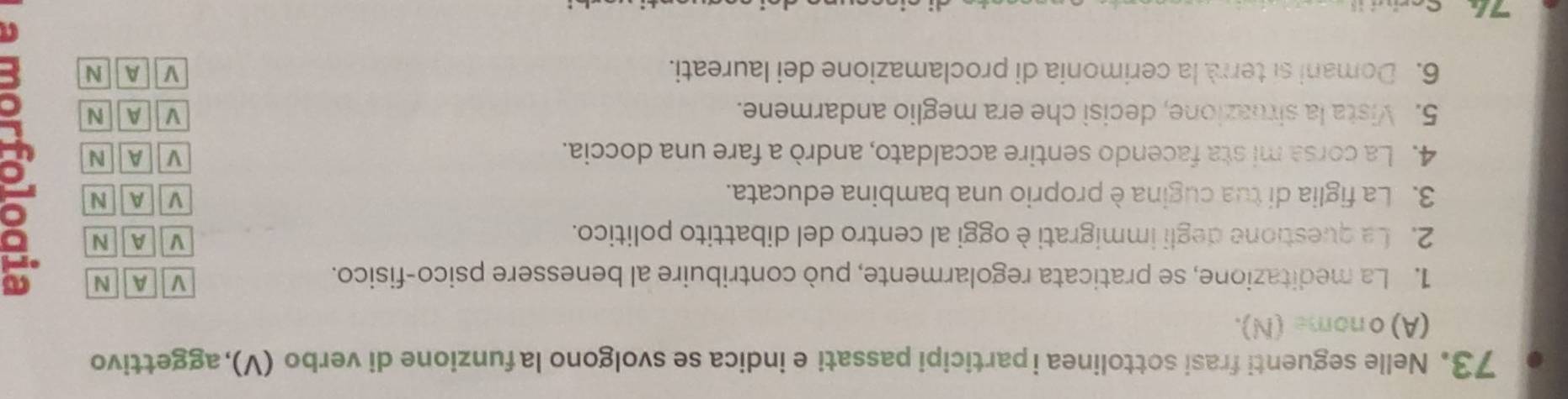 Nelle seguenti frasi sottolinea i participi passati e indica se svolgono la funzione di verbo (V), aggettivo
(A) onome(N).
1. La meditazione, se praticata regolarmente, può contribuire al benessere psico-fisico.
V A N
2. La questione degli immigrati è oggi al centro del dibattito politico.
V A N
3. La figlia di tua cugina è proprio una bambina educata.
v A N
V
4. La corsa mi sta facendo sentire accaldato, andrò a fare una doccia. A N
5. Vista la situazione, decisi che era meglio andarmene. V A N
6. Domani si terrà la cerimonia di proclamazione dei laureati.
V A N