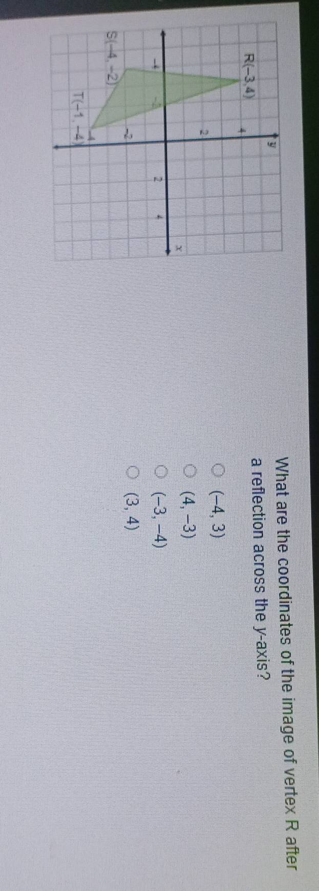 What are the coordinates of the image of vertex R after
a reflection across the y-axis?
(-4,3)
(4,-3)
(-3,-4)
(3,4)