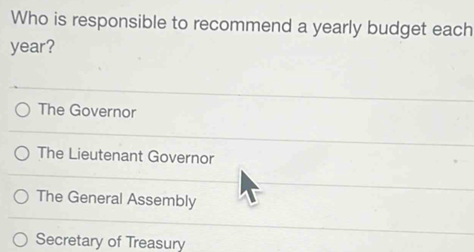 Who is responsible to recommend a yearly budget each
year?
The Governor
The Lieutenant Governor
The General Assembly
Secretary of Treasury