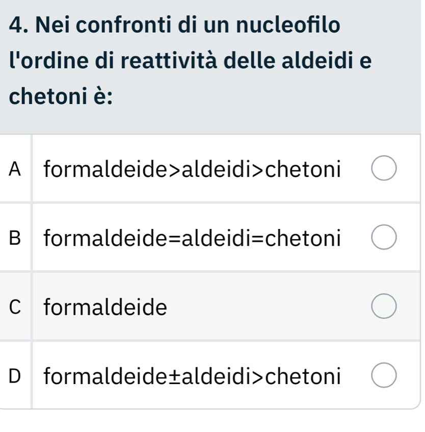 Nei confronti di un nucleofilo
l'ordine di reattività delle aldeidi e
chetoni è:
A formaldeide>aldeidi>chetoni
B formaldeide=aldeidi=chetoni
C formaldeide
D formaldeide±aldeidi>chetoni