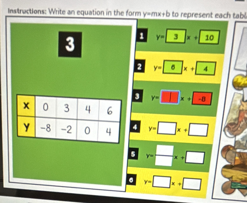 Instructions: Write an equation in the form y=mx+b to represent each tabl 
3 
1 y=3x+10
2 y=6x+4
3 y=□ x+-8
4 y=□ x+□
5 y= □ /□  x+□
6 y=□ x+□