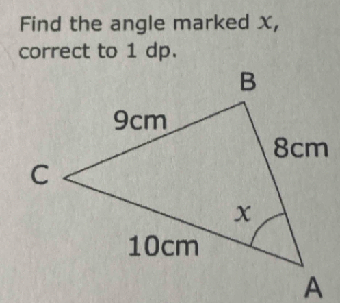 Find the angle marked X, 
correct to 1 dp.