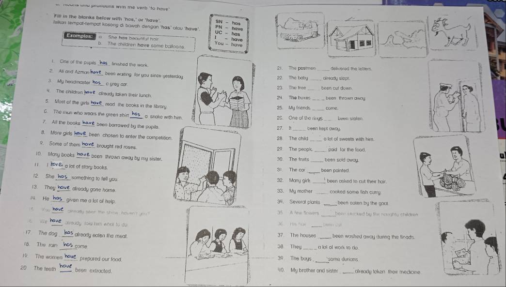 nvere und pronduns with te verb 'to have 
Fill in the blanks below with 'has,' or 'have' 
SN - has 
Isikan tempat-tempat kosong di bawah dengan 'has' atau 'have". UC - has 
PN - have 
Examples: She has beautiful h o - have 
You - have 
b. The children have some balloons. 
1. One of the pupils_ finished the work21. The postmen_ delivered the letters. 
2. Ali and Azman _ been waiting for you since yesterday. 22. The baby already slept. 
3 My headmaster a grey car. 
23. The tree been cut down. 
4. The childron have already taken their lunch.24. The boxes_ been thrown away 
5. Most of the girls ho read the books in the library25. My friends_ come. 
6. The man who wears the green shirt_ a snake with him.26. One of the rings_ been siolen 
7. All the books_ have been borrowed by the pupils.been kept away 
27. It 
8. More girls been chosen to enter the competitio28 The child o lot of sweets with him. 
9. Some of them _ brought red roses29. The peopic paid for the food. 
a 
10. Many books been thrown away by my sister.30. The fruits been sold oway. 
1 a lot of story books.31 The car _been painted. 
12 She something to fell you32. Many girl been asked to cut their hair. 
13. They have already gone home.33. My mother cooked some fish curry. 
14. He given me a lot of help.34. Several plants _been caten by the goot. 
5 You airady seen the stoe hov e 35 A law flowers _been plucked by the noughty children . 
_ 
c we have , already told him what to do e 
37. The houses 
17 The dog has already eaten the meat. been washed away during the floods . 
(8. The rain has come38 They _a lel ol work to do 
19 The women have prepared our food.some durions
39 The boys 
20. The teeth have 
been extracted. 40. My brother and sister _olready token their mecicine