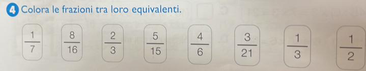 Colora le frazioni tra loro equivalenti.
 1/7   8/16   2/3   5/15   4/6   3/21   1/3   1/2 