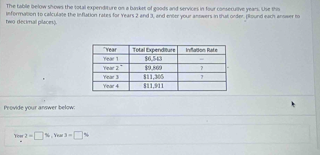 The table below shows the total expenditure on a basket of goods and services in four consecutive years. Use this 
Information to calculate the inflation rates for Years 2 and 3, and enter your answers in that order. (Round each answer to 
two decimal places). 
Provide your answer below: 
Year 2=□ % , Year 3=□ %