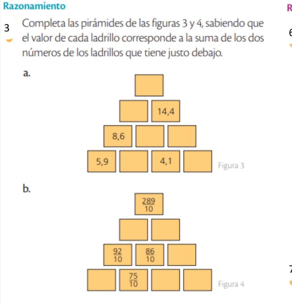 Razonamiento R 
3 Completa las pirámides de las figuras 3 y 4, sabiendo que 
el valor de cada ladrillo corresponde a la suma de los dos 
números de los ladrillos que tiene justo debajo. 
a.
14,4
8, 6
5, 9 4, 1
Figura 3 
b.
 289/10 
 92/10   86/10 
 75/10 
Figura 4