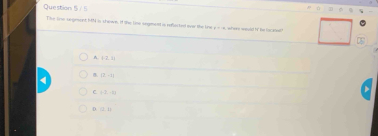 The line segment MN is shown. If the line segment is reflected over the line y=-x , where would N ' be located?
A. (-2,1)
B. (2,-1)
C. (-2,-1)
D. (2,1)