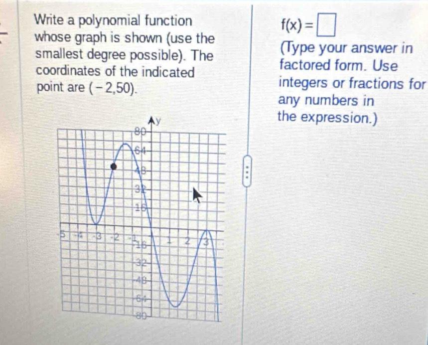 Write a polynomial function
f(x)=□
whose graph is shown (use the 
smallest degree possible). The 
(Type your answer in 
coordinates of the indicated 
factored form. Use 
point are (-2,50)
integers or fractions for 
any numbers in 
the expression.)