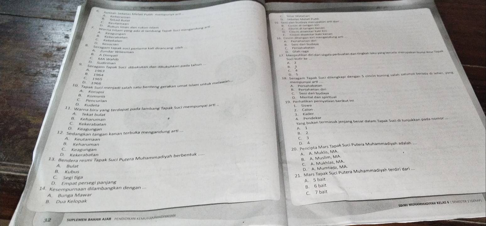 humian Sebelas Melan Ponh 'mempunya amd .
A               Tekad Bolat
   
16. Cincin ditangan kin mengandung ars
C. Kekekalat
D. kesucian
Seragam tapak suci pertama kali dirancang oleh
A. Zundar Wilesman D. Olah raga
B. A Dimyati
17. Menjauhkan din dan ségala perbuatan dan tingkah laku yang tercela merupakan suny avar Tapak
C. MA Wahib suci butir ke ..
D. Sudirman
9.  Seragam Tapak Suci dibakukan dan dikukuhkan pada tahun A. 2
A. 1963
8. 1964
C. 1965
10. Tapak Suci menjadi salah satu benteng gerakan umat Islam untuk melawan.. 18. Seragam Tapak Suci dilengkapi dengan 5 cincin kuning salah satunya berada di leher, yang
D. 1966
A. Korupsi
*  Benrban budava
B. Komunis
C. Pencurian D. Mental dan spiritual
19. Perhatikan pernyataan berikut ini
D. Kudeta
11. Warna biru vang terdapat pada lambang Tapak Suci mempunyai arti . 1. Siswa
2. Calon
A. Tekat bulat
3. Kader
B. Keharuman
4. Pendekar
C. Kekerabatan
Yang bukan termasuk jenjang besar dalam Tapak Suci di tunjukkan pada nomor ...
D. Keagungan
A. 1
12. Sedangkan tangan kanan terbuka mengandung arti ...
B. 2
A. Keutamaan C. 3
B. Keharuman D. 4
C. Keagungan
13. Bendera resmi Tapak Suci Putera Muhammadiyah berbentuk ..... 20. Pencipta Mars Tapak Suci Putera Muhammadiyah adalah ....
D. Kekerabatan
A. A. Muklis, MA.
B. A. Muslim, MA.
A. Bulat
C. A. Mukhias, MA.
B. Kubus
D.  A. Mumtadz, MA
C. Segi tiga
21. Mars Tapak Suci Putera Muhammadiyah terdiri dari ...
D. Empat persegi panjang
A. 5 bait
14. Kesempurnaan dilambangkan dengan ...
B. 6 bait
A. Bunga Mawar
C. 7 bait
B. Dua Kelopak
sd/mi MuhammadiyaH Kelas 6 ) semester   (gen ap)
32 SUPLEMEN BAHAN AJAR PENDIDIKAN KEMUHAMMADIYAHAN