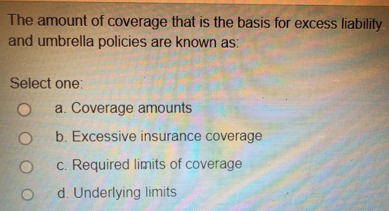 Solved: The amount of coverage that is the basis for excess liability ...