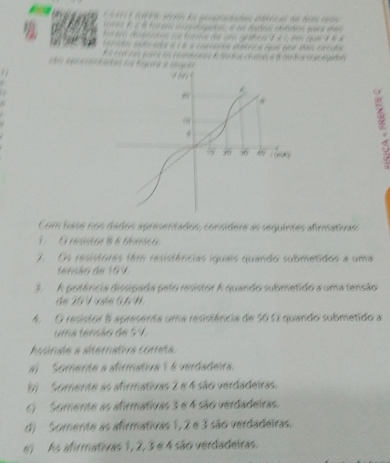 en pere de parqradadas abéricas de Bras 1o 
E e t d pe a no (a én a K enta coaas a 8 cinta tracejada
=te agna artas ron tigeera a lnegchs 
9
`
Com base nos dados apresentados, consídere as seguintes afirmativas:
1. Gresar B é tnmca
7. Os resistores têm resistêrcias iguais quando submetidos a uma
1664ão de 16V
3. A potêrcia dissipada pelo resistor A quando submetido a uma tensão
de 20 V vile G6 N
4. O resistor 8 apresenta uma resistêricia de 50Ω quando submetido a
uma tensão de 5V,
Avandle a aternátva conéta.
a Somente a afirmátiva 1é verdadeira.
b) Somente as afirmativas 2 e 4 são verdadeiras.
6 Somente as afirmativas 3 e 4 são verdadeiras.
d) Somente as afirmativas 1, 2 é 3 são verdadeiras.
e) As afirmativas 1, 2, 3 é 4 são verdadeiras.