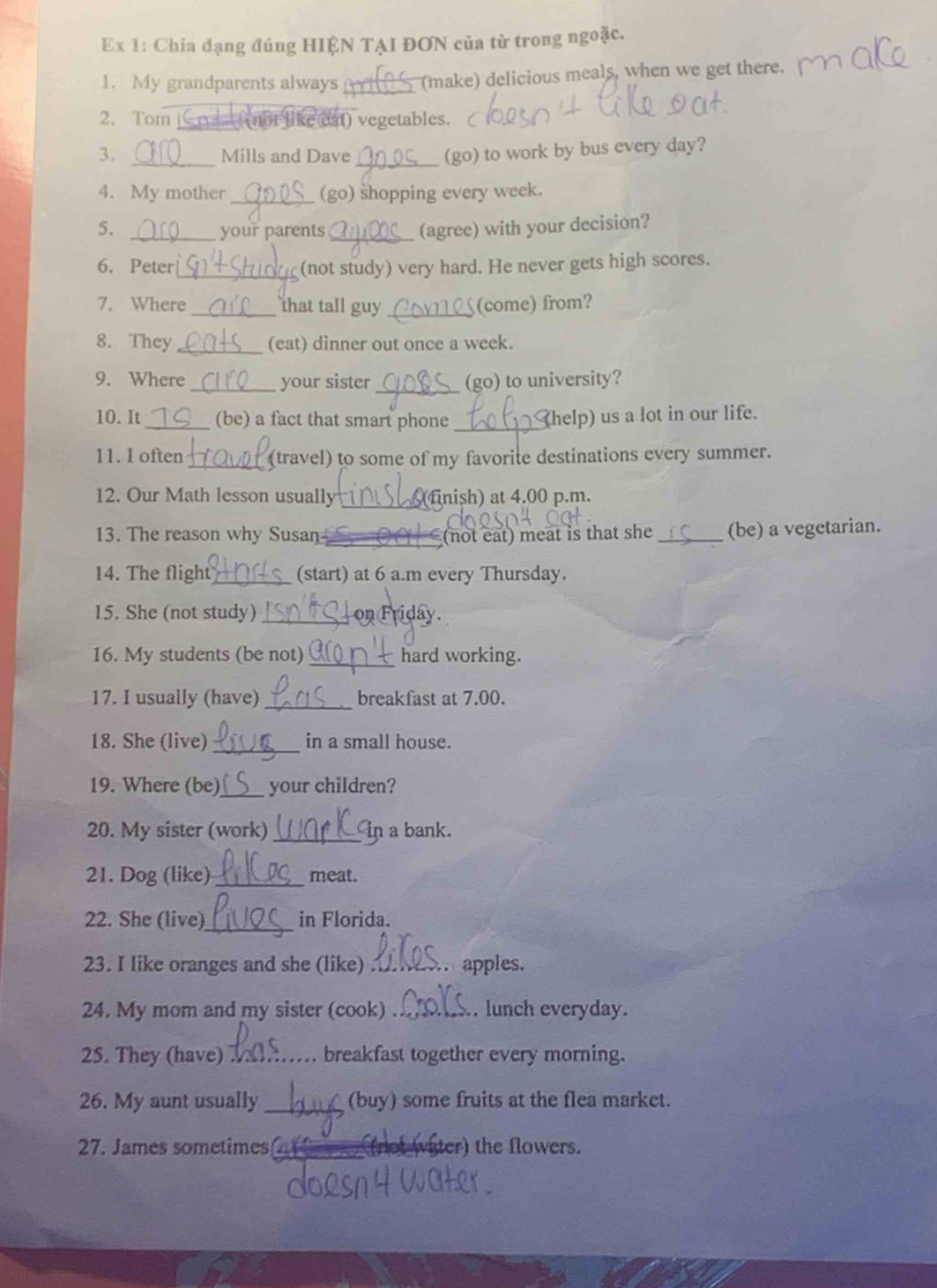 Ex 1: Chia đạng đúng HIỆN TẠI ĐON của từ trong ngoặc. 
1. My grandparents always _(make) delicious meals, when we get there. 
2. Tom __ (not like dat) vegetables. 
3. _Mills and Dave 
_(go) to work by bus every day? 
4. My mother _(go) shopping every week. 
5. _your parents_ 
(agree) with your decision? 
6. Peter_ (not study) very hard. He never gets high scores. 
7. Where_ that tall guy _(come) from? 
8. They _(eat) dinner out once a week. 
9. Where _your sister_ (go) to university? 
10. It _(be) a fact that smart phone _(help) us a lot in our life. 
11. I often _(travel) to some of my favorite destinations every summer. 
12. Our Math lesson usually _finish) at 4.00 p.m. 
13. The reason why Susan _(not eat) meat is that she _(be) a vegetarian. 
14. The flight_ (start) at 6 a.m every Thursday. 
15. She (not study) _on Friday. 
16. My students (be not) _hard working. 
17. I usually (have) _breakfast at 7.00. 
18. She (live) _in a small house. 
19. Where (be)_ your children? 
20. My sister (work) _n a bank. 
21. Dog (like)_ meat. 
_ 
22. She (live) in Florida. 
23. I like oranges and she (like) _apples. 
24. My mom and my sister (cook) ._ . lunch everyday. 
25. They (have)_ breakfast together every morning. 
26. My aunt usually _(buy) some fruits at the flea market. 
27. James sometimes _(rot water) the flowers.