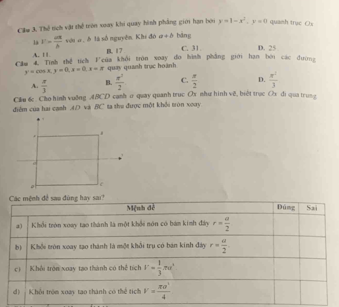 Thể tích vật thể tròn xoay khi quay hình phẳng giới hạn bởi y=1-x^2, y=0 quanh trục Ox
là V= aπ /b  với a b là số nguyên. Khi đó a+b bảng
A. 11. B. 1 7
C. 31. D. 25
Câu 4. Tính thể tích của khổi tròn xoay do hình phẳng giới hạn bởi các đường
y=cos x, y=0, x=0, x=π quay quanh trục hoành
A.  π /3 
B.  π^2/2 .  π /2   π^2/3 
C.
D.
Câu 6: . Cho hình vuông ABCD cạnh # quay quanh trục Ox như hình về, biết trục Ox đi qua trung
điểm của hai cạnh AD và BC ta thu được một khổi tròn xoay.
Các mệnh đề sau đũng hay saı?
Mệnh đề Dúng Sai
a) Khổi tròn xoay tạo thành là một khổi nón có bản kinh đây r= a/2 
b) Khối tròn xoay tạo thành là một khối trụ có bán kính đáy r= a/2 .
c) Khôi tròn xoay tạo thành có thể tích V= 1/3 π a^3.
d) Khôi tròn xoay tạo thành có thể tích V= π a^1/4 .