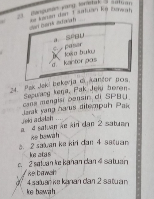 Banguhan yang terletak I satüan
si k kanan dan 1 satuan kỳ bawah
dari bank adalah , . .
a. SPBU
c. pasar
toko buku
d. kantor pos
24. Pak Jeki bekerja di kantor pos.
Sepulang kerja, Pak Jeki beren-
cana mengisi bensin di SPBU.
Jarak yang harus ditempuh Pak
Jeki adalah ....
a. 4 satuan ke kiri dan 2 satuan
ke bawah
b. 2 satuan ke kiri dan 4 satuan
ke atas
c. 2 satuan ke kanan dan 4 satuan
ke bawah
a 4 satuan ke kanan dan 2 satuan
ke bawah