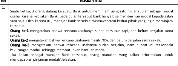 No Naškan Sōa 
1. 
Suatu ketika, 3 orang datang ke suatu Bank untuk meminjam uang satu miliar rupiah sebagai modal 
usaha. Karena kebijakan Bank, pada bulan tersebut Bank hanya bisa memberikan modal kepada salah 
satu saja. Oleh karena itu, manajer Bank tersebut mewawancarai kedua pihak yang ingin meminjam 
tersebut. 
Orang ke- 1 mengatakan bahwa rencana usahanya sudah tersusun rapi, dan belum berjalan sama 
sekali. 
Orang ke- 2 mengatakan bahwa rencana usahanya masih 70%, dan belum berjalan sama sekali. 
Orang ke- 3 mengatakan bahwa rencana usahanya sudah berjalan, namun saat ini terkendala 
kekurangan modal, sehingga membutuhkan bantuan modal. 
Jika kalian sebagai manajer Bank tersebut, orang manakah yang kalian prioritaskan untuk 
mendapatkan pinjaman modal? Jelaskan