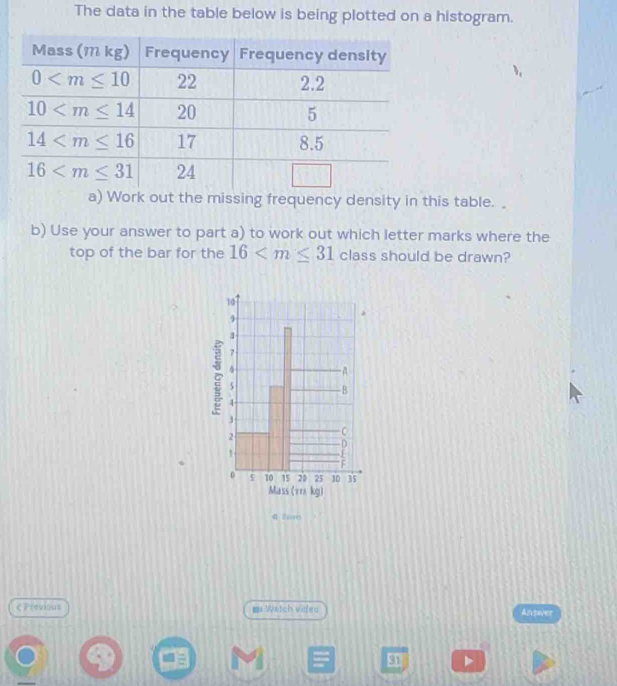 The data in the table below is being plotted on a histogram.
ork out the missing frequency density in this table. 
b) Use your answer to part a) to work out which letter marks where the
top of the bar for the 16 class should be drawn?
4 2ero
< Flevious == Watch video Antwer
q