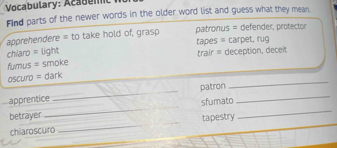 Resuelto:Vocabulary: Academc Find parts of the newer words in the older ...