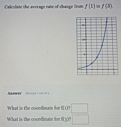 Calculate the average rate of change from f(1) to f(3). 
Answer Attempt 1 out of 3 
What is the coordinate for f(1) ? □ 
What is the coordinate for f(3) frac □ 