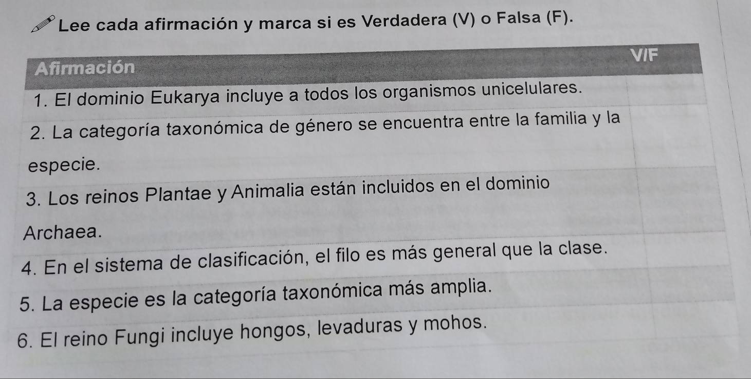 Lee cada afirmación y marca si es Verdadera (V) o Falsa (F).