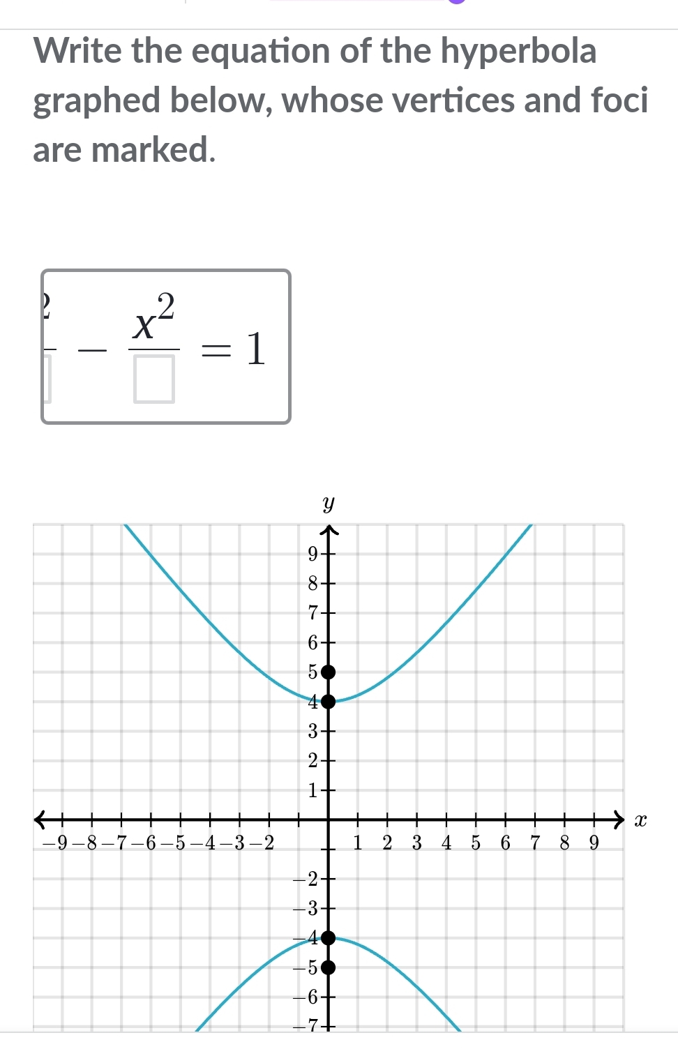 Write the equation of the hyperbola 
graphed below, whose vertices and foci 
are marked.
 b/□  - x^2/□  =1
-7