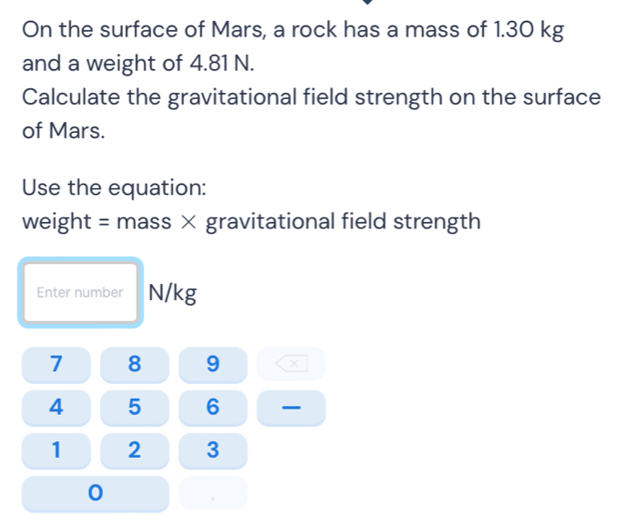 Solved: On the surface of Mars, a rock has a mass of 1.30 kg and a ...