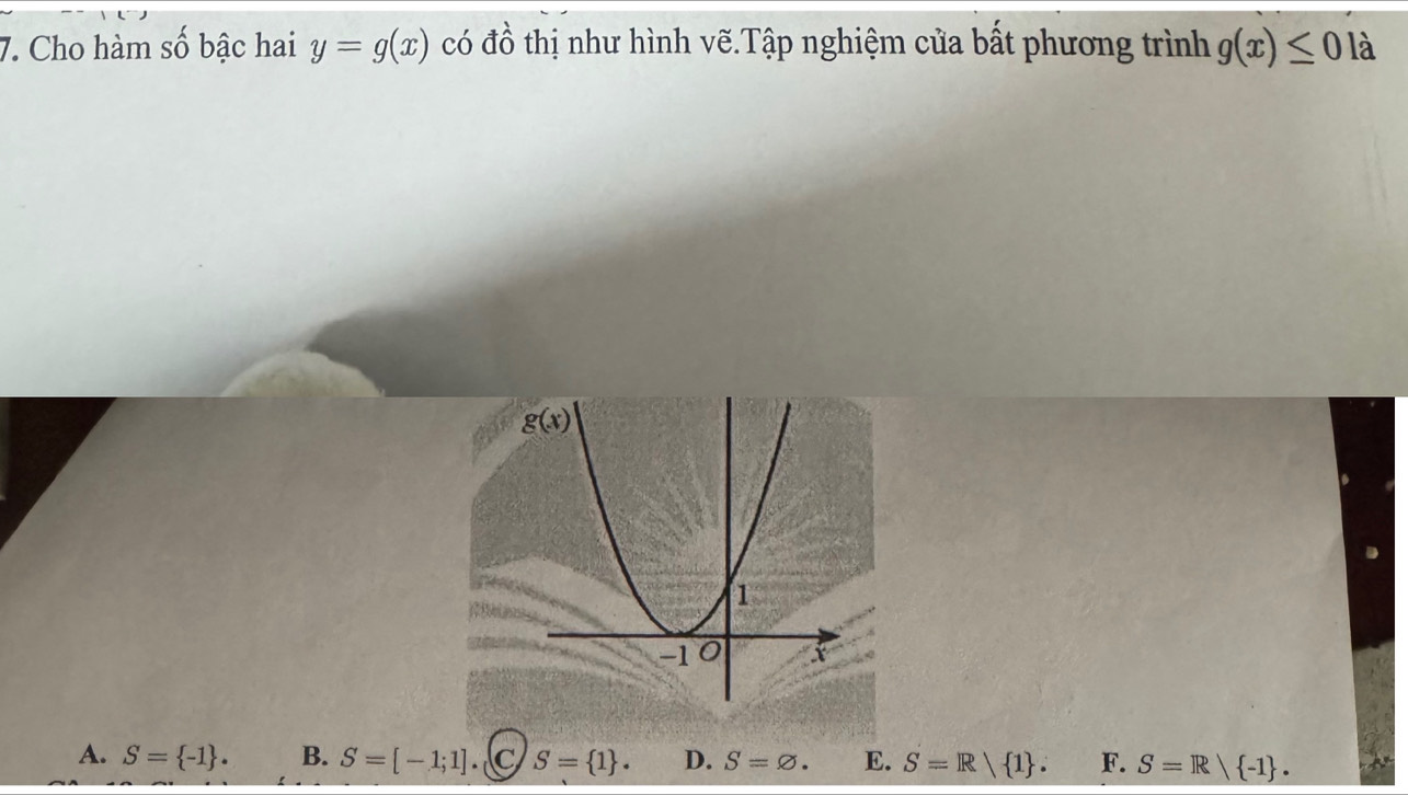 Cho hàm số bậc hai y=g(x) có đồ thị như hình vẽ.Tập nghiệm của bất phương trình g(x)≤ 0 là
A. S= -1 . B. S=[-1;1].( C 1 S= 1 . D. S=varnothing . E. S=R| 1 . F. S=R| -1 .