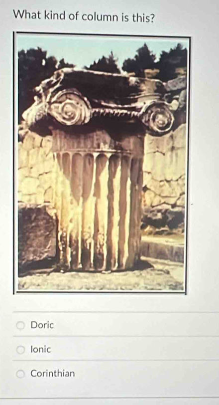 What kind of column is this?
Doric
Ionic
Corinthian