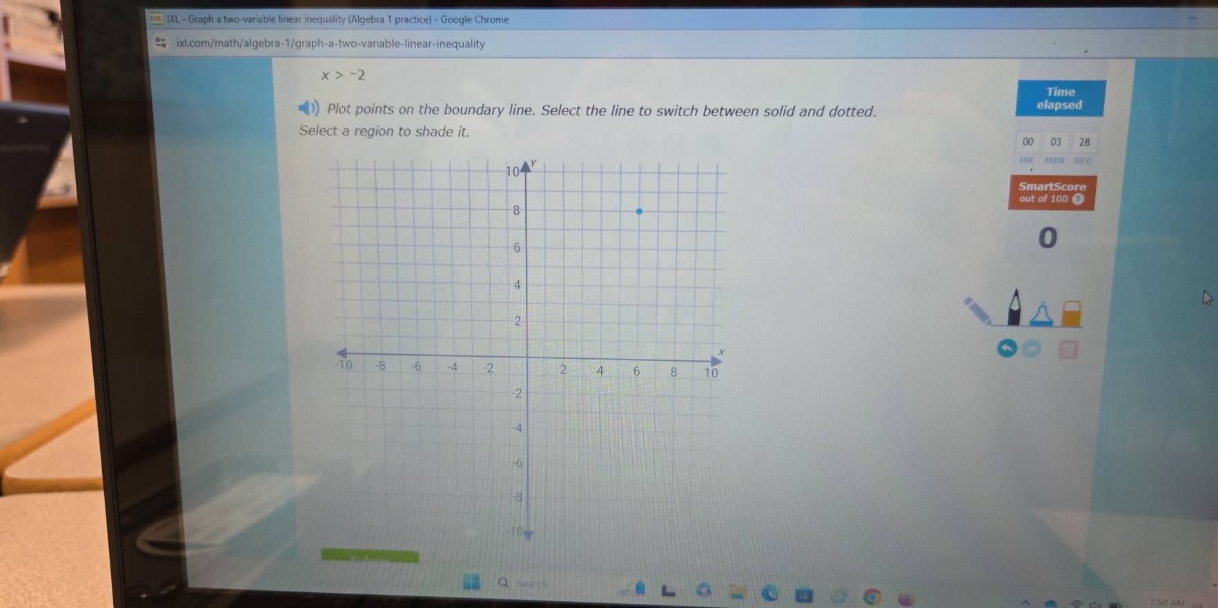 IXL - Graph a two-variable linear inequality (Algebra 1 practice) - Google Chrome 
ixl.com/math/algebra-1/graph-a-two-variable-linear-inequality
x>-2
) Plot points on the boundary line. Select the line to switch between solid and dotted. elapsed Time 
Select a region to shade it. 
00 03 28 
MIN SEC 
SmartScore 
out of 100 @ 
0 
Q Search .