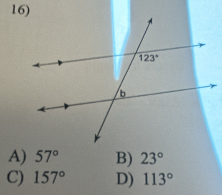 A) 57° B) 23°
C) 157° D) 113°