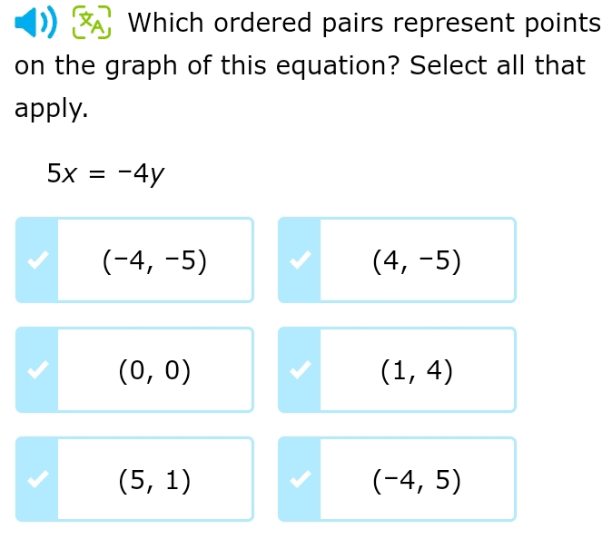 Which ordered pairs represent points
on the graph of this equation? Select all that
apply.
5x=-4y
(-4,-5)
(4,-5)
(0,0)
(1,4)
(5,1)
(-4,5)