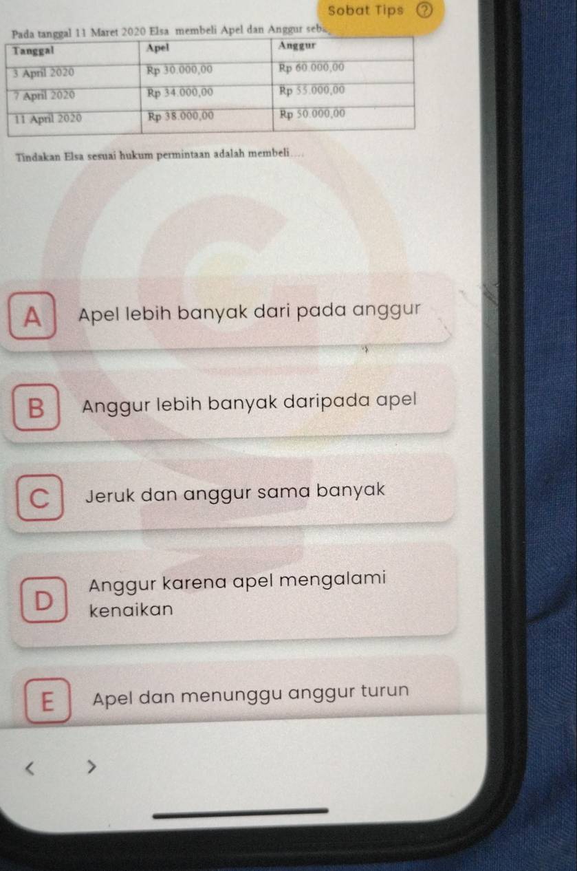 Sobat Tips
sa membeli Apel dan Anggur seba
Tindakan Elsa sesuai hukum permintaan adalah membeli…..
A Apel lebih banyak dari pada anggur
B Anggur lebih banyak daripada apel
C Jeruk dan anggur sama banyak
Anggur karena apel mengalami
D kenaikan
E Apel dan menunggu anggur turun
_
_