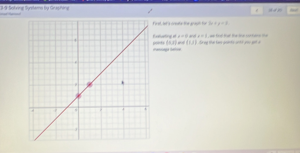 13-9 Solving Systems by Graphing 
nted Manienut) 1 ( 20 
ir st, tet's create the grouh tor 2x+y=3, 
vuting et x=0 x=1 we find that the line corters the 
ans (0,3) 8 A (1,3). Drag the tao points sitl you get a 
esage beton.