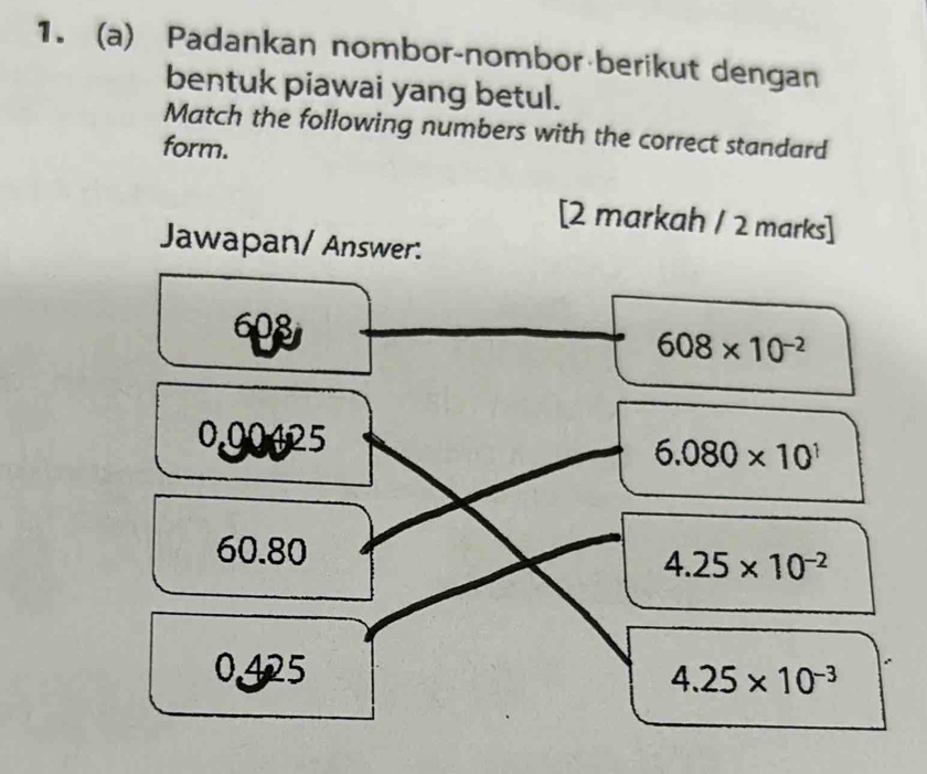 Padankan nombor-nombor berikut dengan
bentuk piawai yang betul.
Match the following numbers with the correct standard
form.