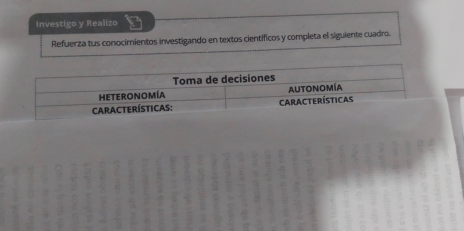 Investigo y Realizo 
Refuerza tus conocimientos investigando en textos científicos y completa el siguiente cuadro.