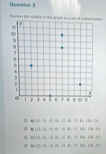 Express the relation in the graph as a set of ordered pairs
A)  (2,5),(5,0),(7,8),(7,8),(10,2)
θ)  (2,5),(5,0),(5,8),(7,10),(10,2)
6)  (2,5),(2,0),(7,8),(7,10),(10,2)
9)  (2,5),(5,0),(7,8),(7,10),(10,2)